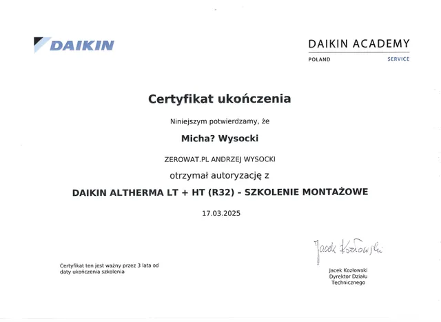 Skan: Daikin Academy - certyfikat ukończenia szkolenia montażowego (Altherma LT + HT)