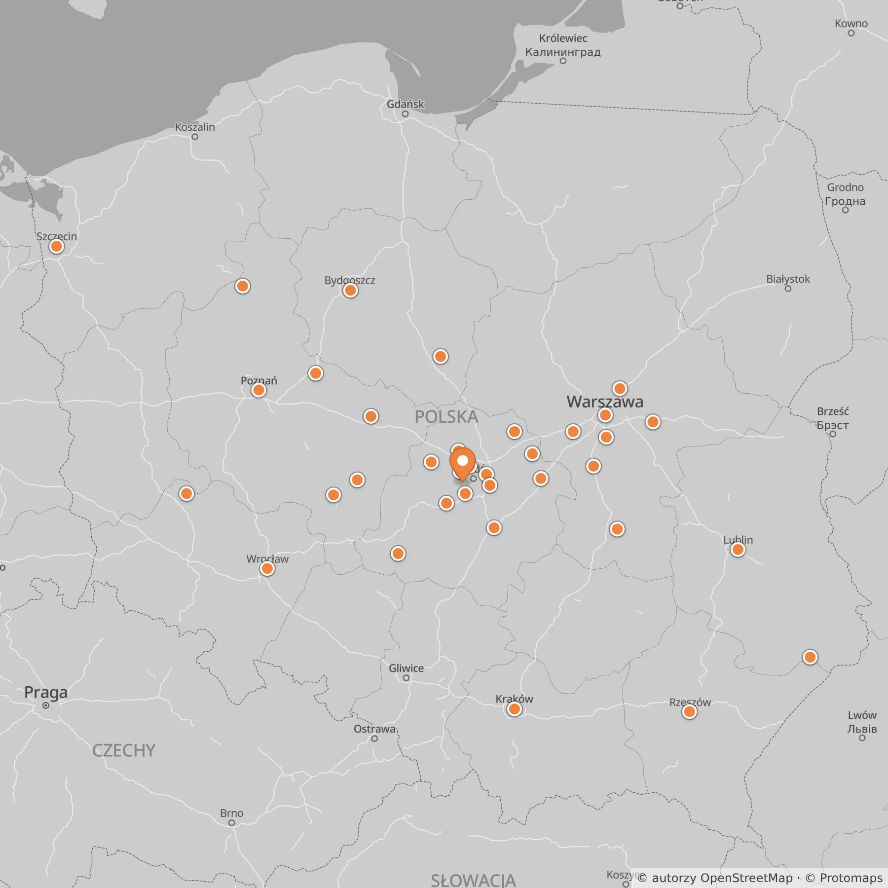 Mapa Polski z siedzibą firmy w miejscowości Konstantynów Łódzki i 35 miejscowościami, w których montowaliśmy